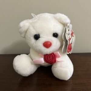 Vintage Walmart Mini White Teddy Bear Red Ribbon Rose Valentine 5" w/ tag
